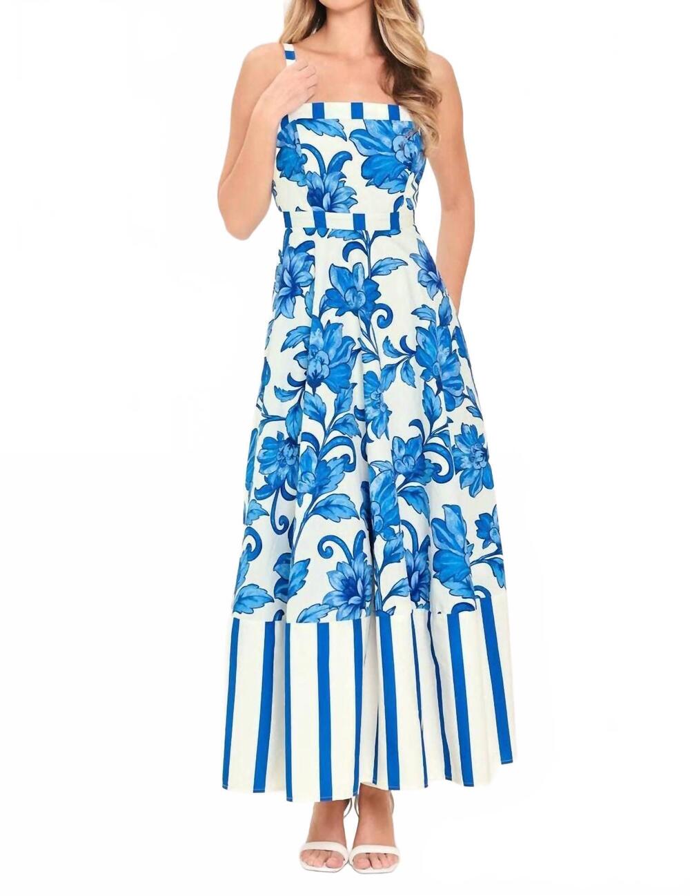 NEW FLYING TOMATO printed woven midi dress in white/blue
